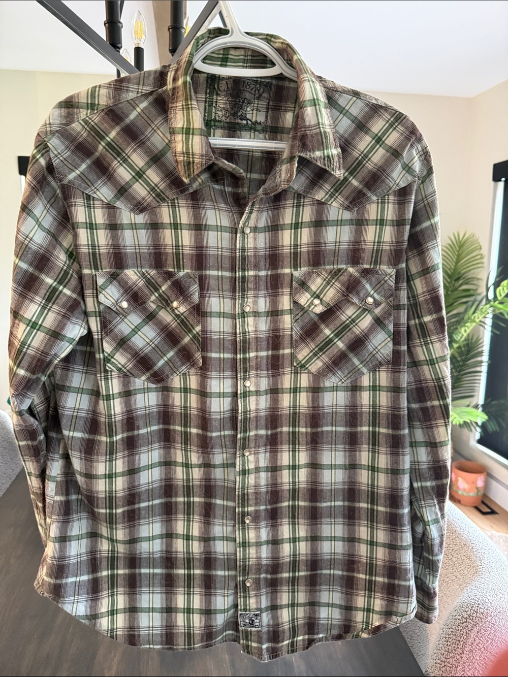 Men's Plaid Button-Up Shirt in Brown and Green